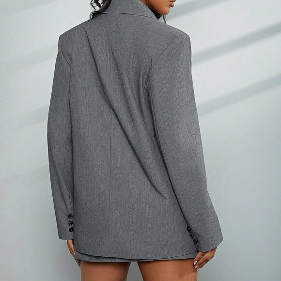 Grey Elegant Women's Oversized Single Breasted Notched Collar Blazer - Picture 3 of 8